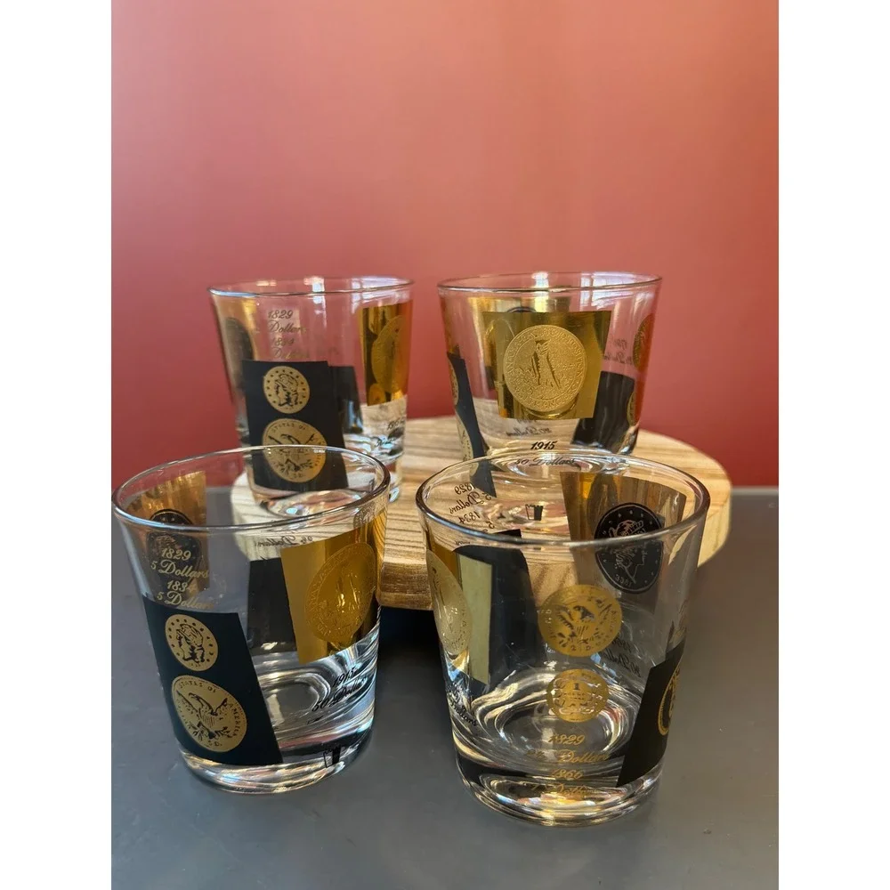Cera Ambassador Gold Coin Ice Bucket and 4 Rocks Glasses MCM Barware Set